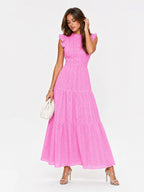 Tiered Eyelet Button-Front Ruffle Maxi Dress