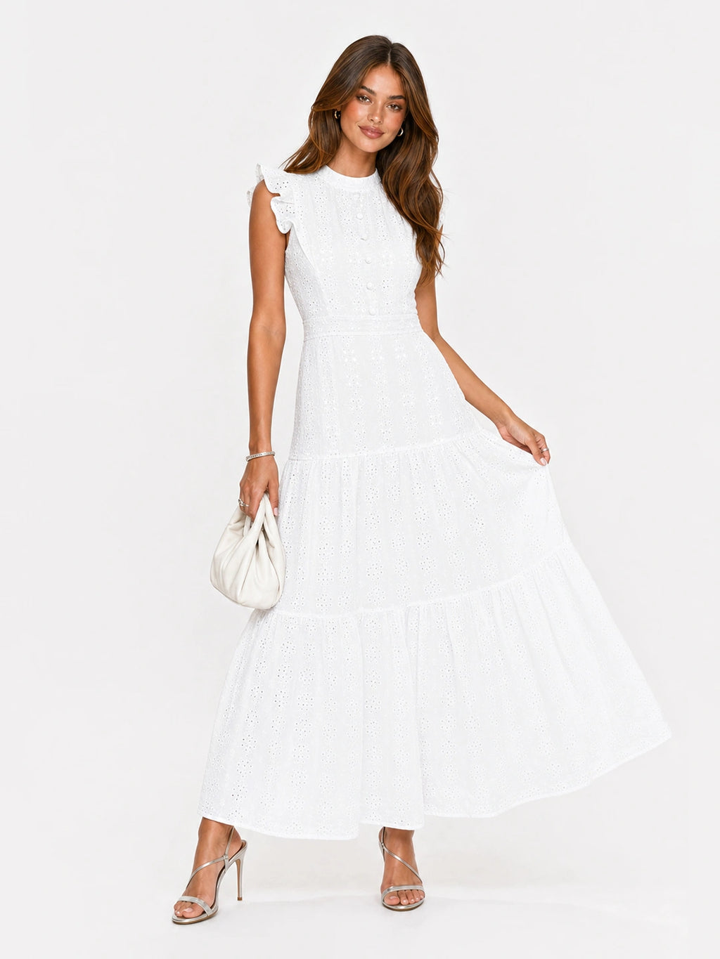 Tiered Eyelet Button-Front Ruffle Maxi Dress