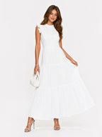 Tiered Eyelet Button-Front Ruffle Maxi Dress