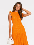 Tiered Eyelet Button-Front Ruffle Maxi Dress