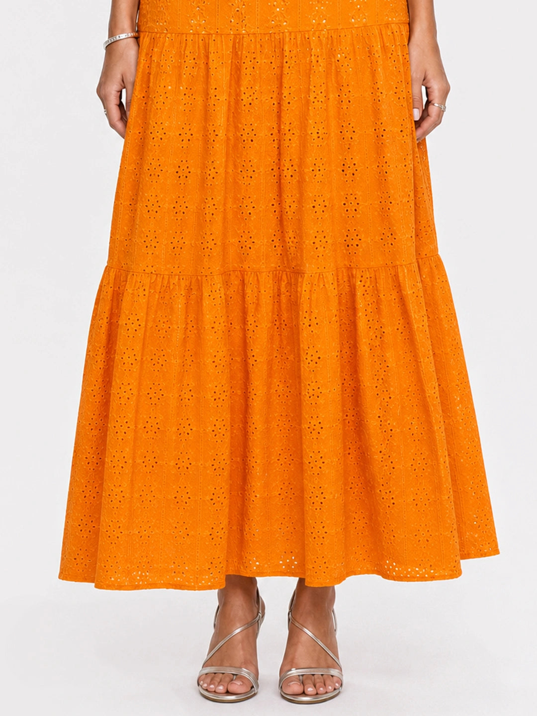 Tiered Eyelet Button-Front Ruffle Maxi Dress