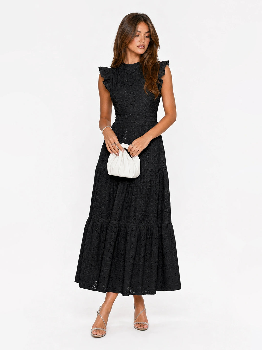 Tiered Eyelet Button-Front Ruffle Maxi Dress
