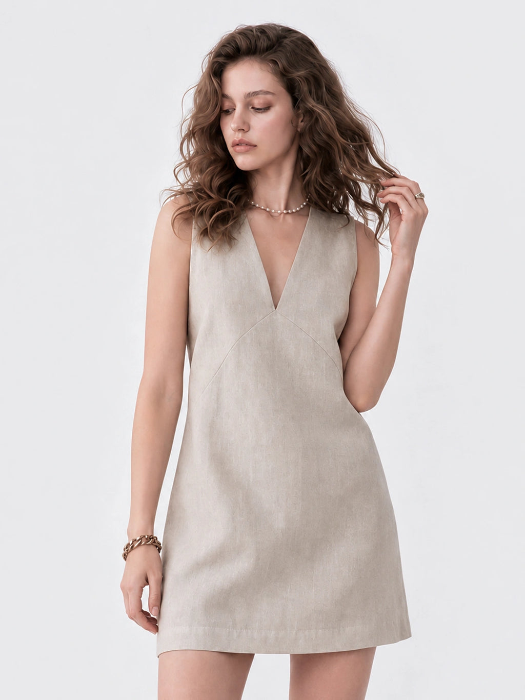 V-Neck Linen Cotton Sleeveless Mini Dress