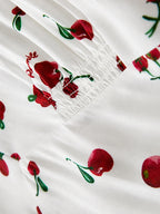 Vintage Cherry Print V Neck A Line Midi Dress