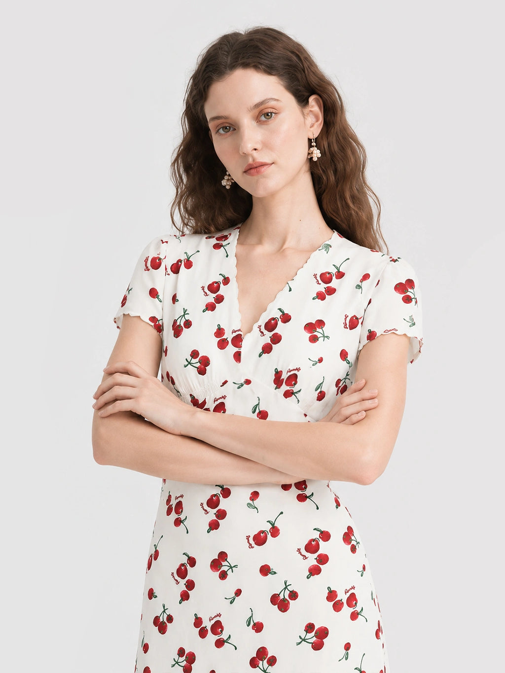 Vintage Cherry Print V Neck A Line Midi Dress