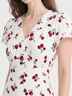 Vintage Cherry Print V Neck A Line Midi Dress