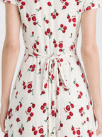 Vintage Cherry Print V Neck A Line Midi Dress