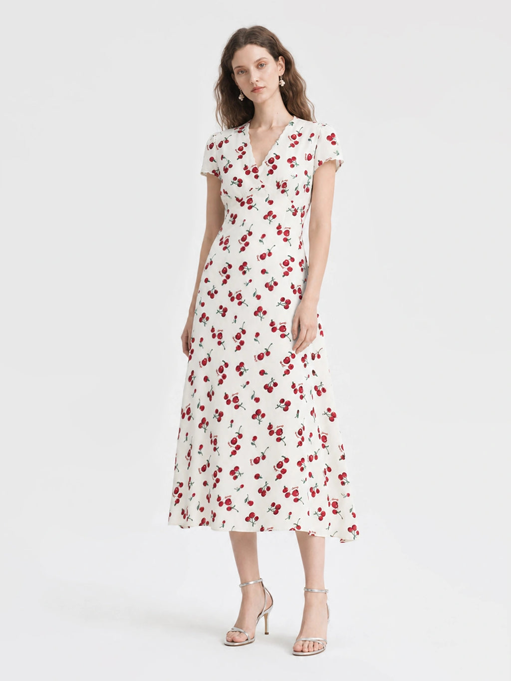 Vintage Cherry Print V Neck A Line Midi Dress