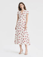Vintage Cherry Print V Neck A Line Midi Dress