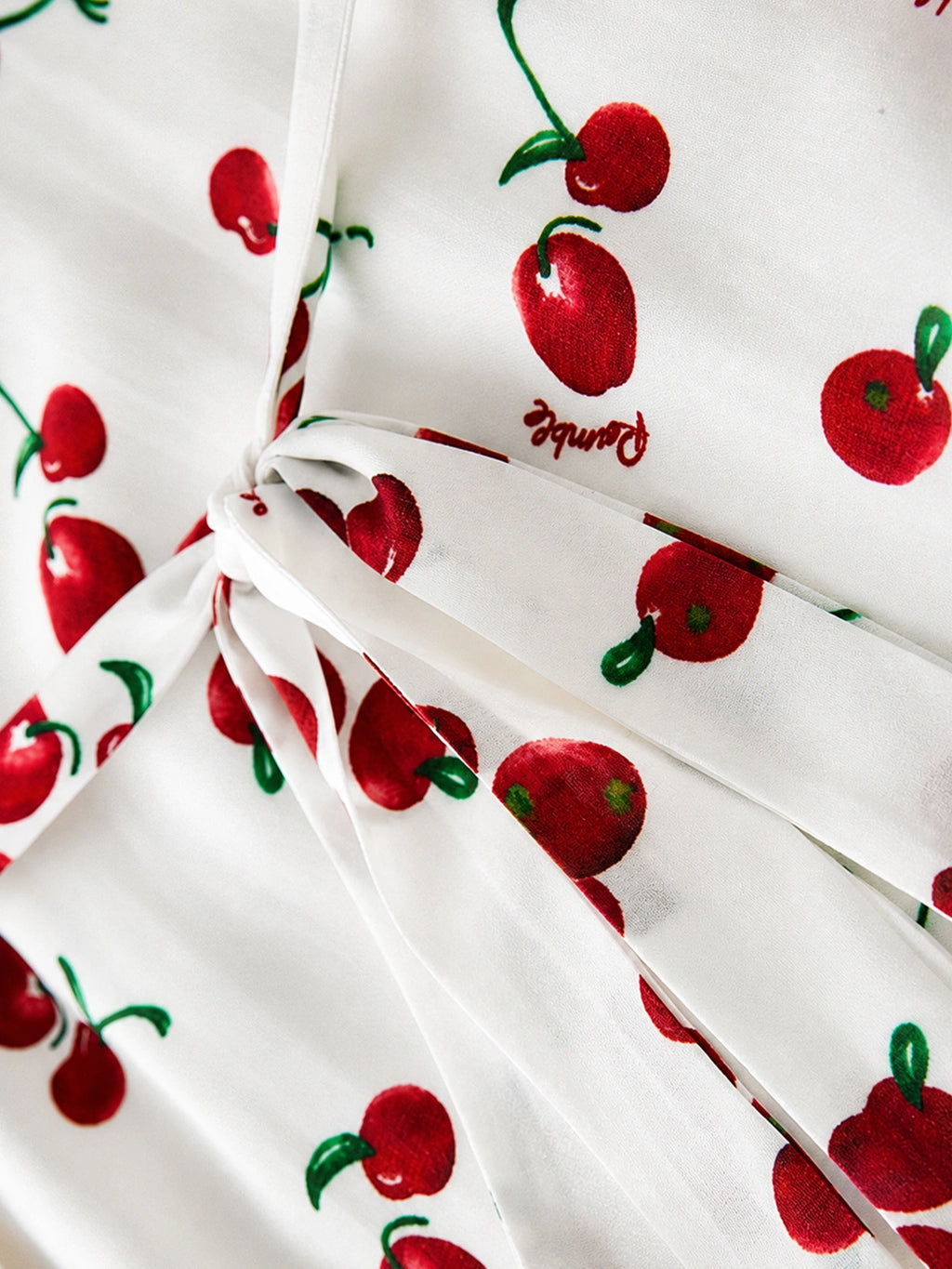 Vintage Cherry Print V Neck A Line Midi Dress