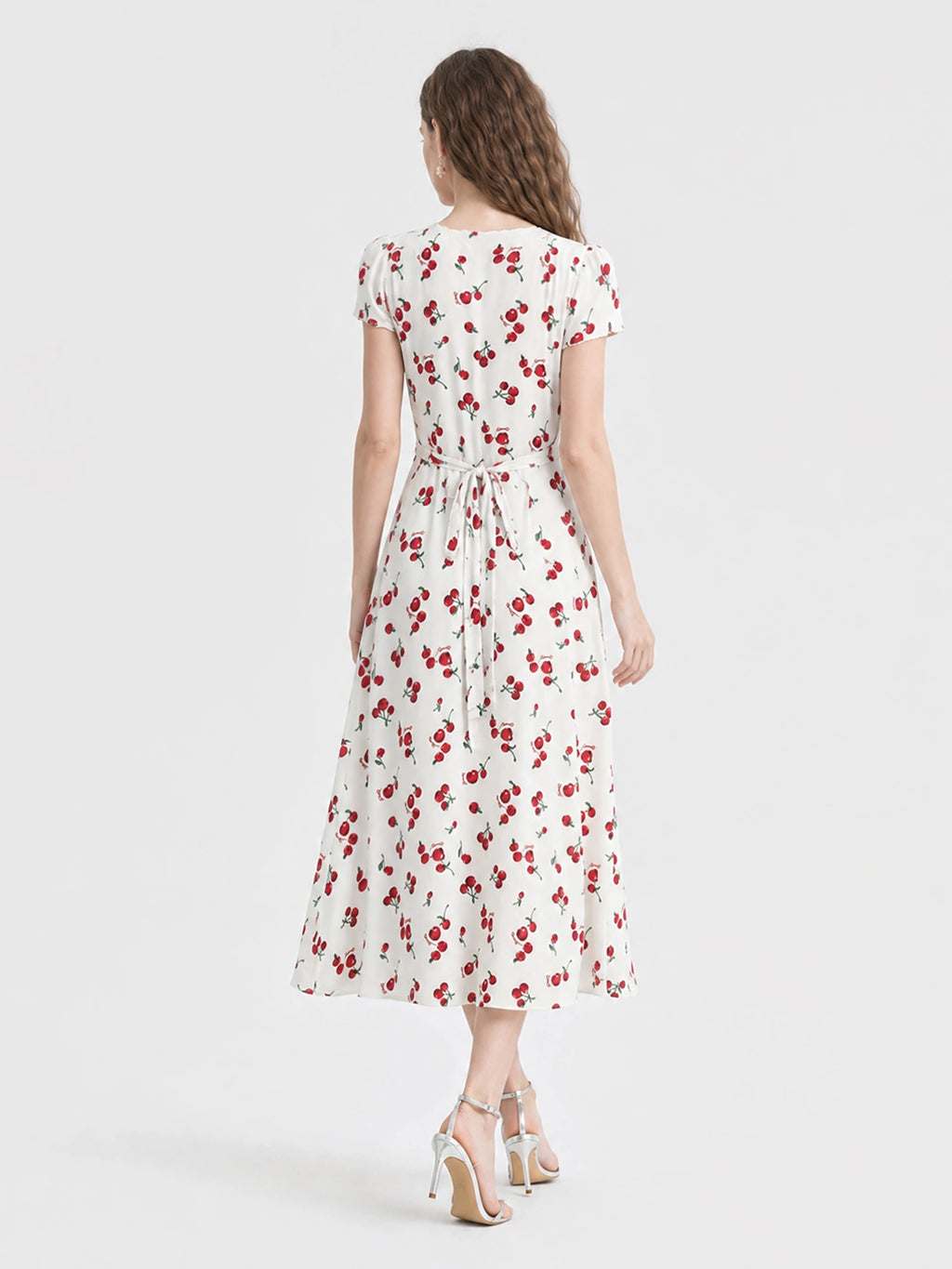 Vintage Cherry Print V Neck A Line Midi Dress