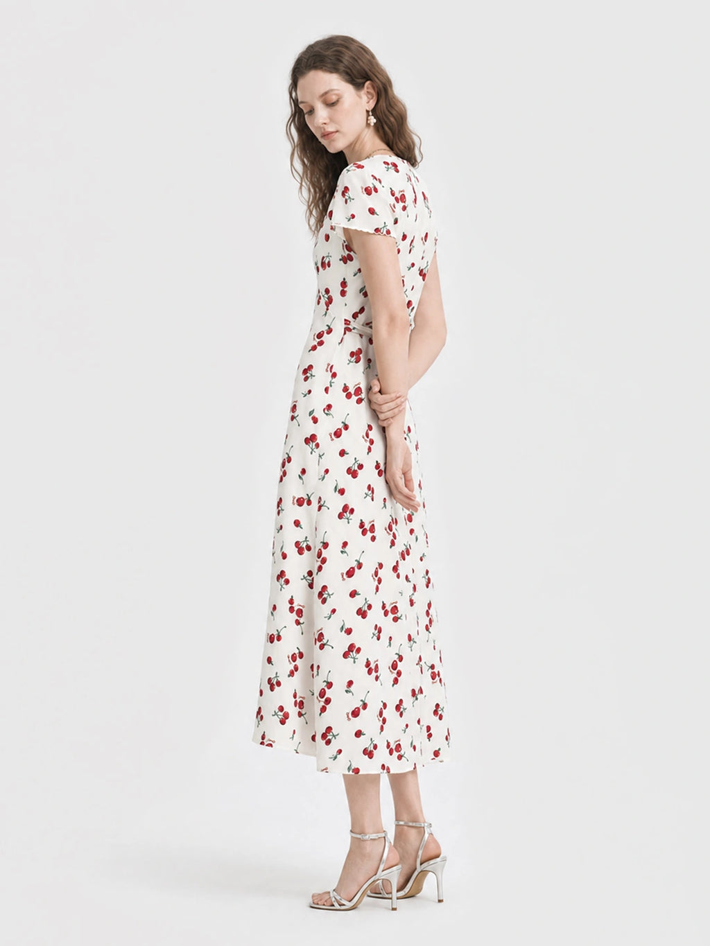 Vintage Cherry Print V Neck A Line Midi Dress