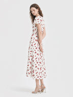 Vintage Cherry Print V Neck A Line Midi Dress