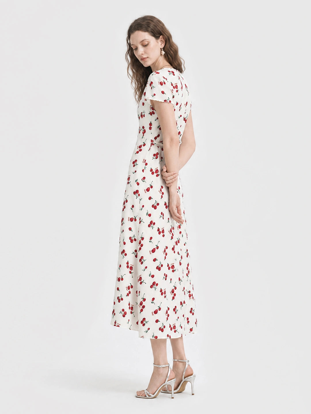 Vintage Cherry Print V Neck A Line Midi Dress