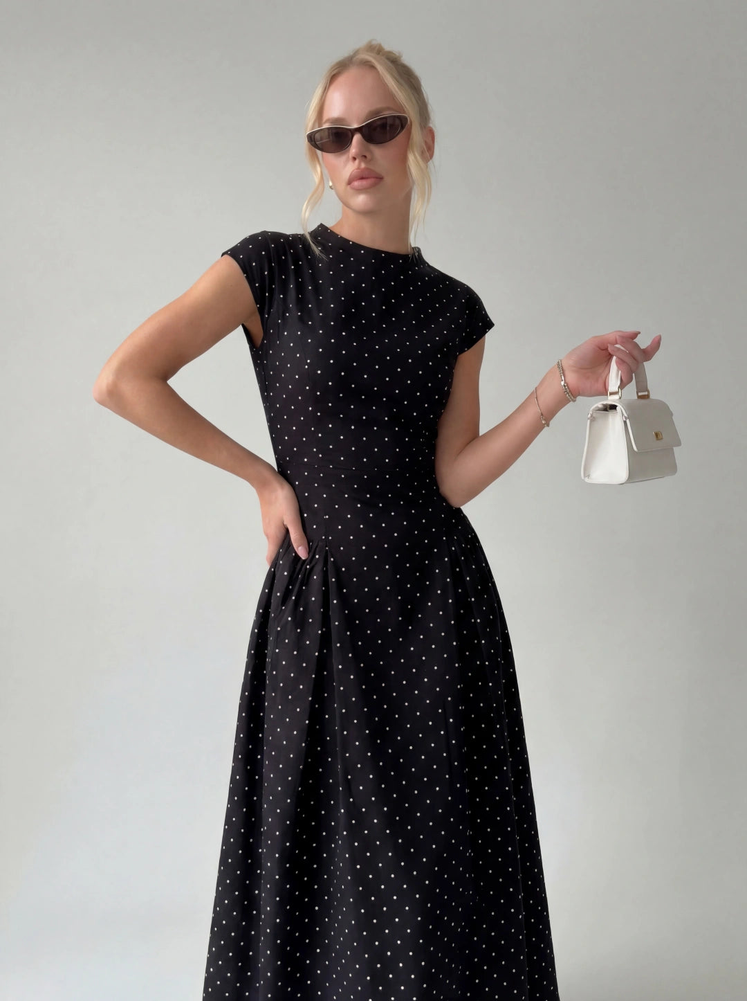 Vintage Polka Dot Ruched Midi Dress