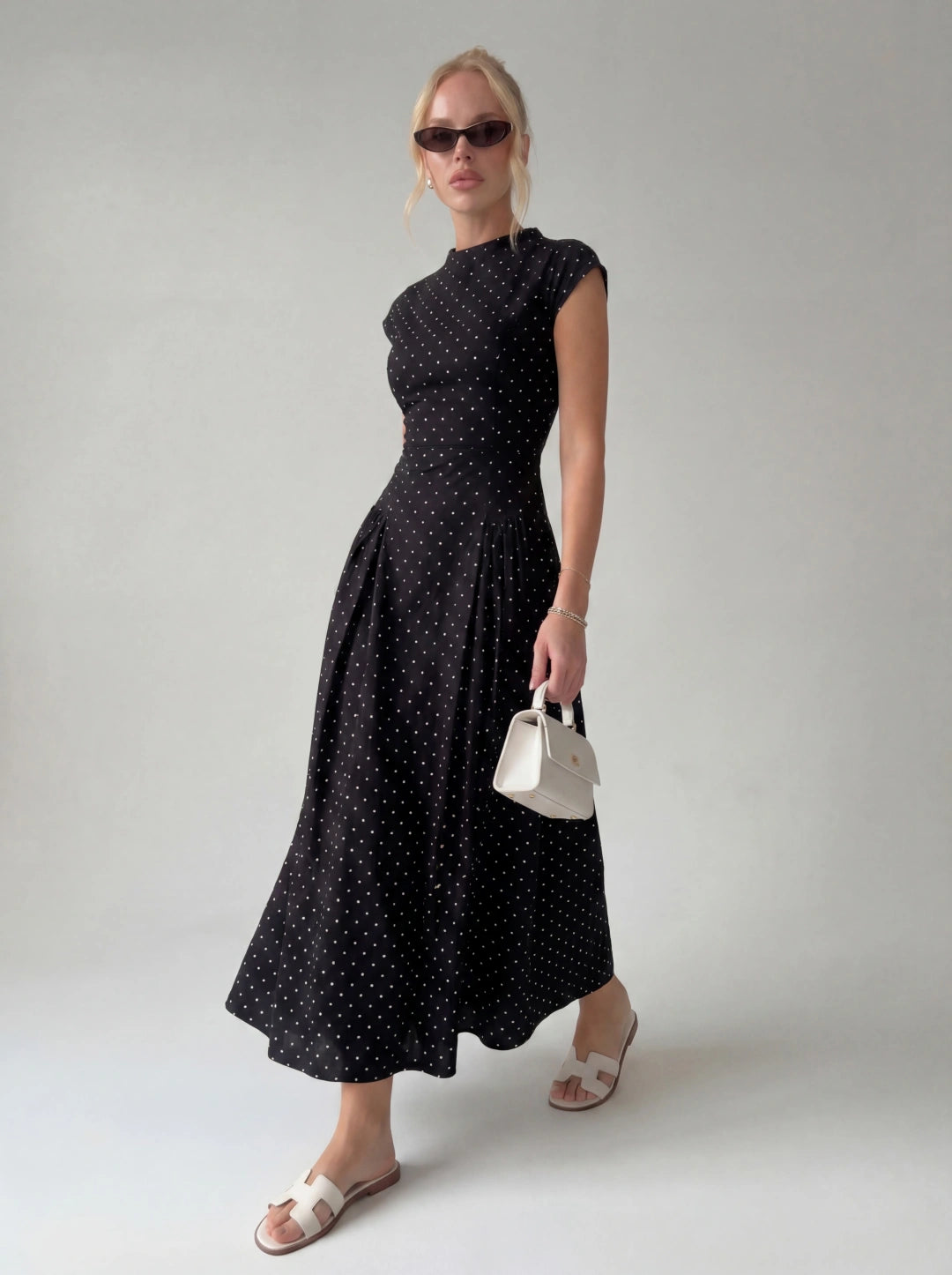 Vintage Polka Dot Ruched Midi Dress