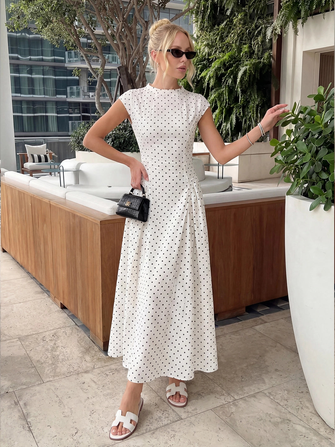 Vintage Polka Dot Ruched Waist Midi Dress Main image