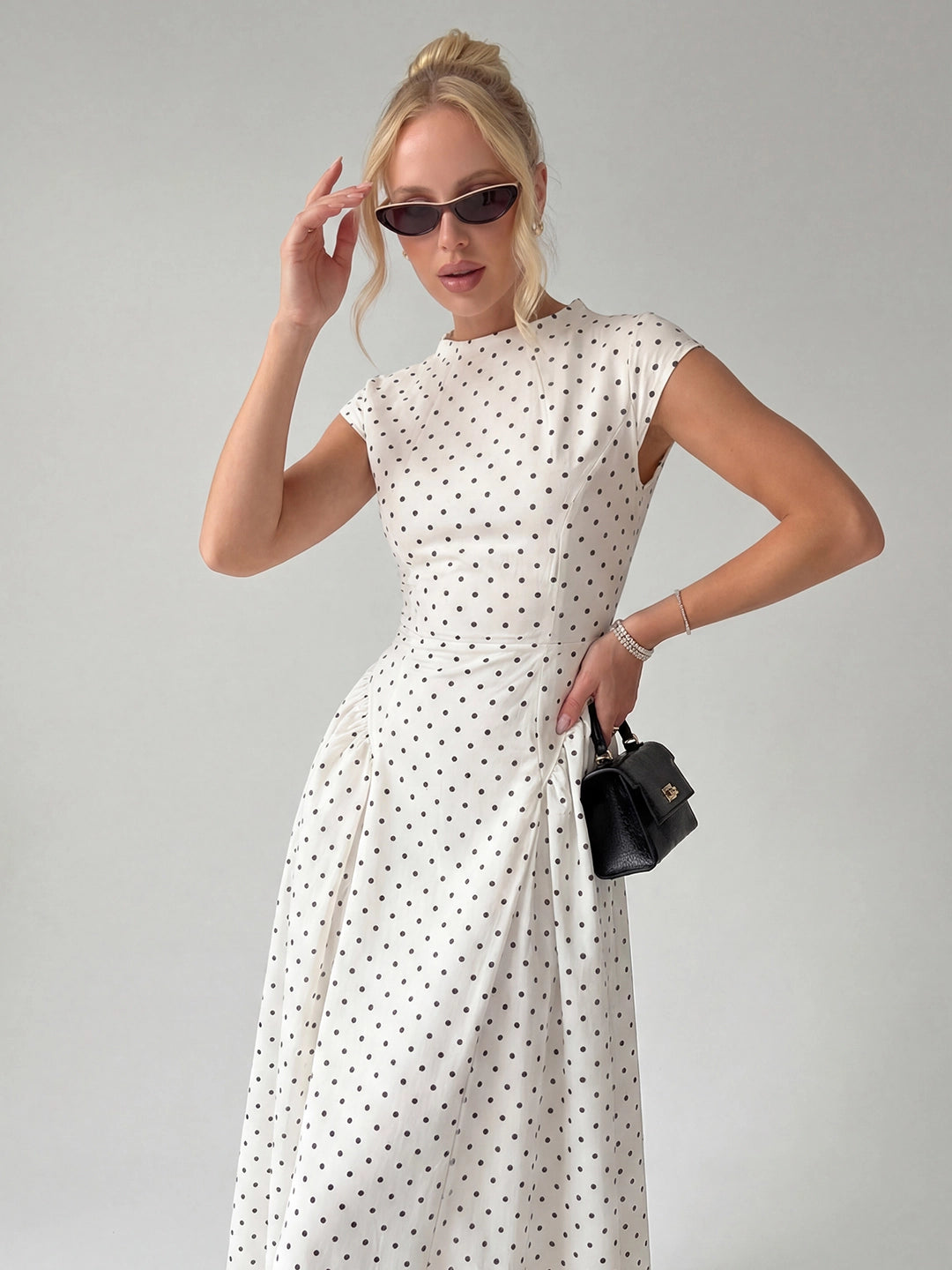 Vintage Polka Dot Ruched Midi Dress