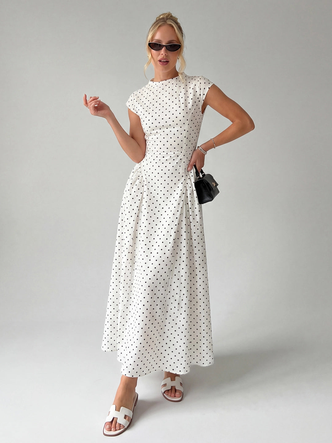 Vintage Polka Dot Ruched Midi Dress