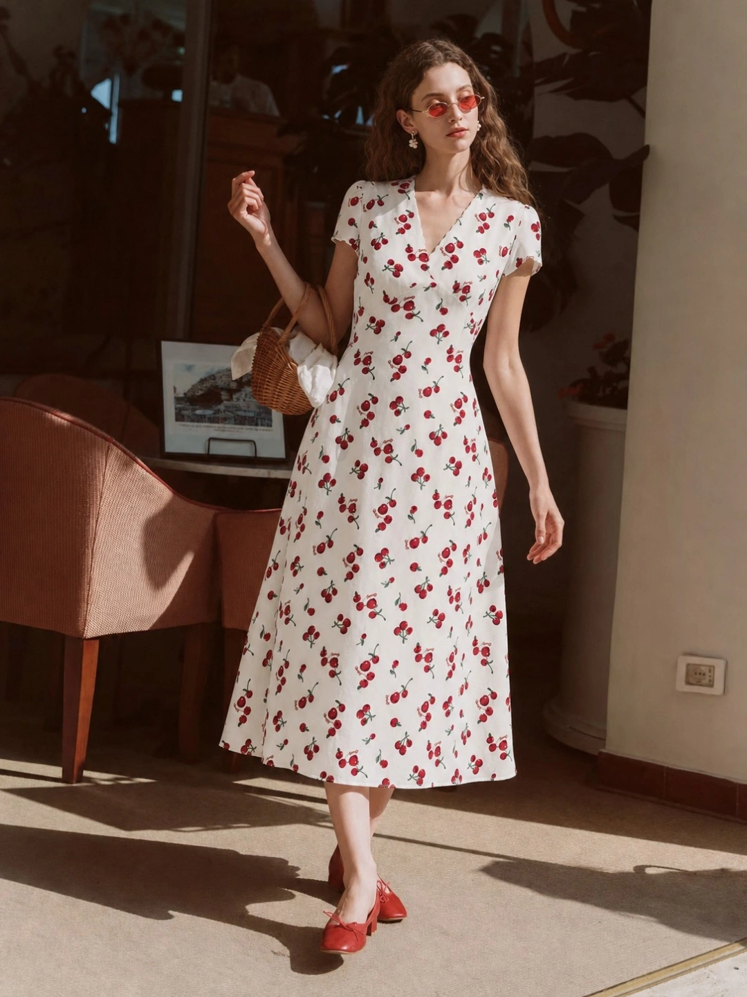 Vintage Cherry Print V Neck A Line Midi Dress Secondary image