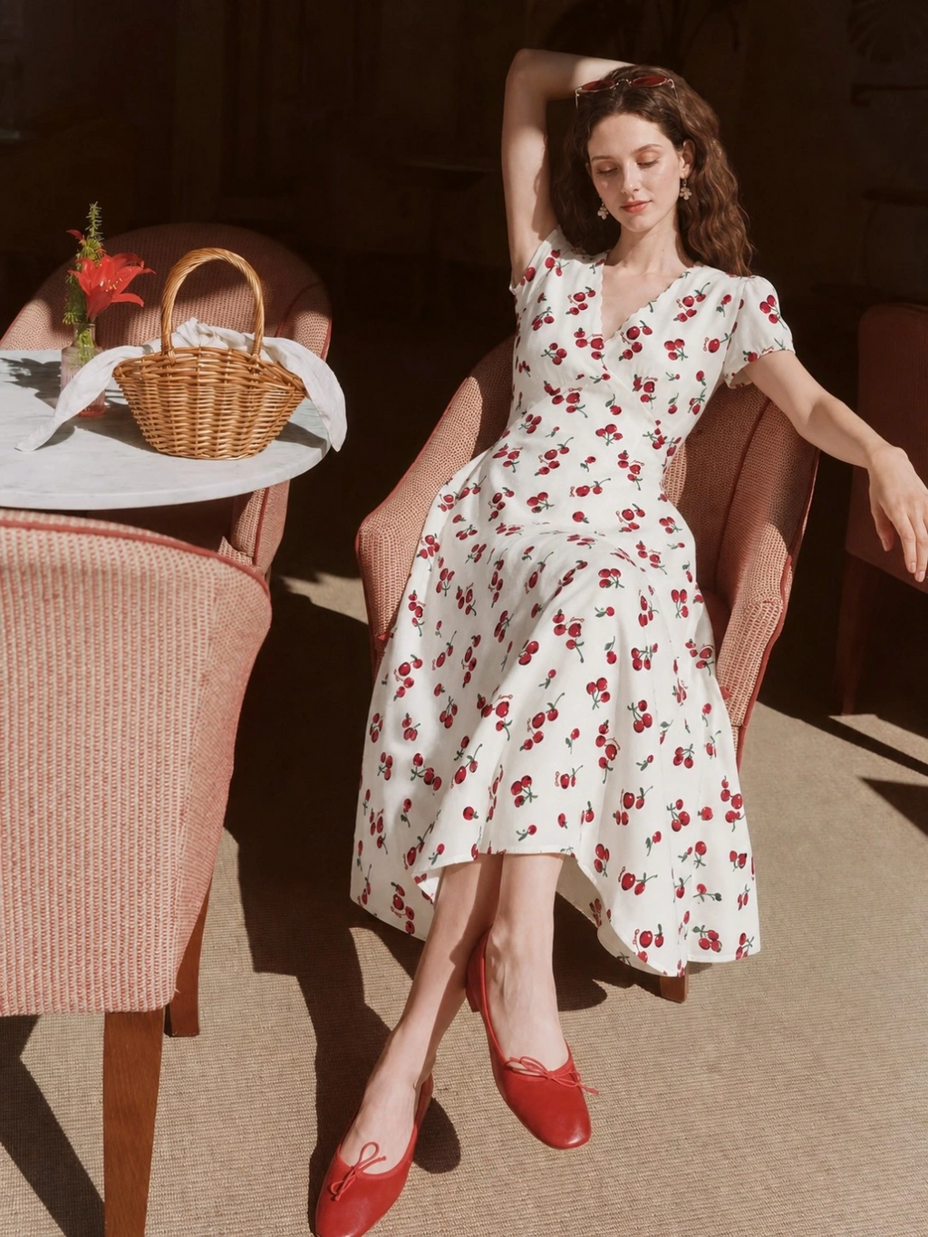 Vintage Cherry Print V Neck A Line Midi Dress
