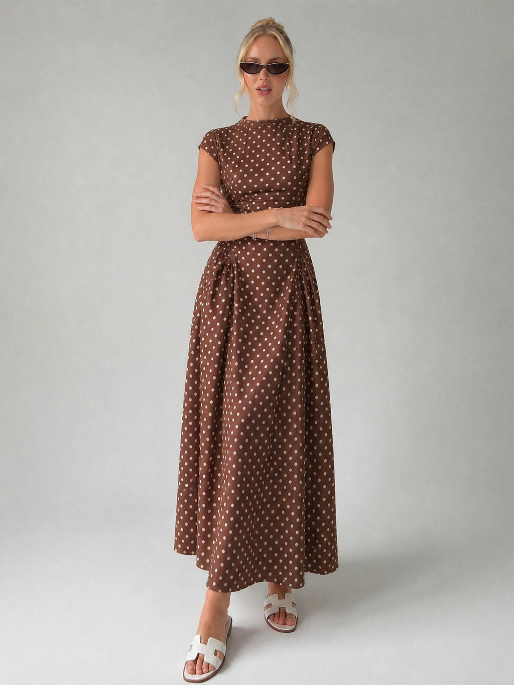 Vintage Polka Dot Ruched Midi Dress