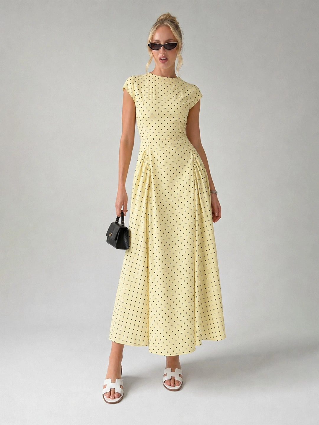 Vintage Polka Dot Ruched Midi Dress
