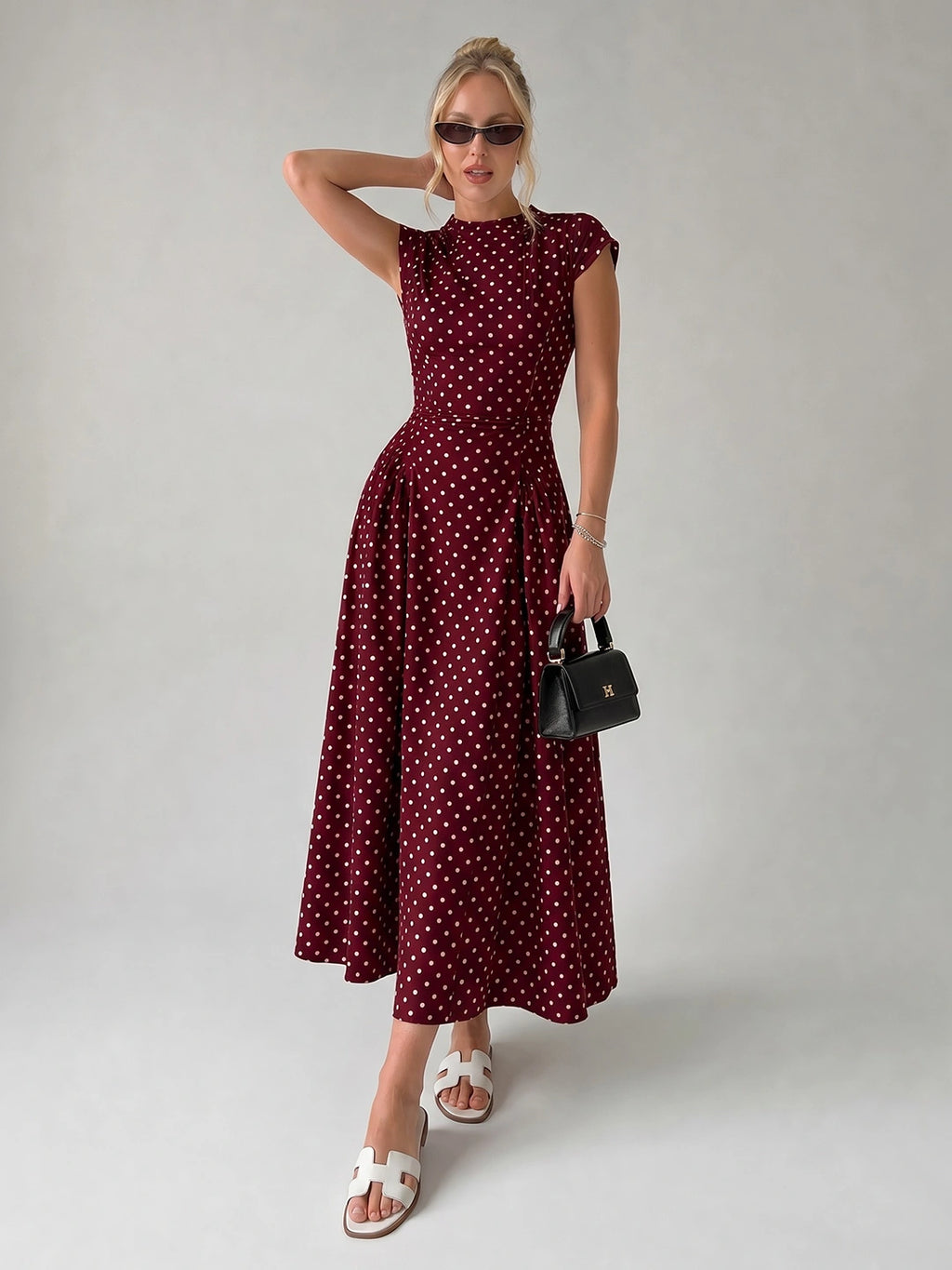Vintage Polka Dot Ruched Midi Dress