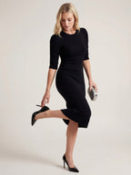 Pleated three-quarter sleeve sweater dress