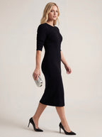 Pleated three-quarter sleeve sweater dress