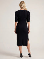 Pleated three-quarter sleeve sweater dress