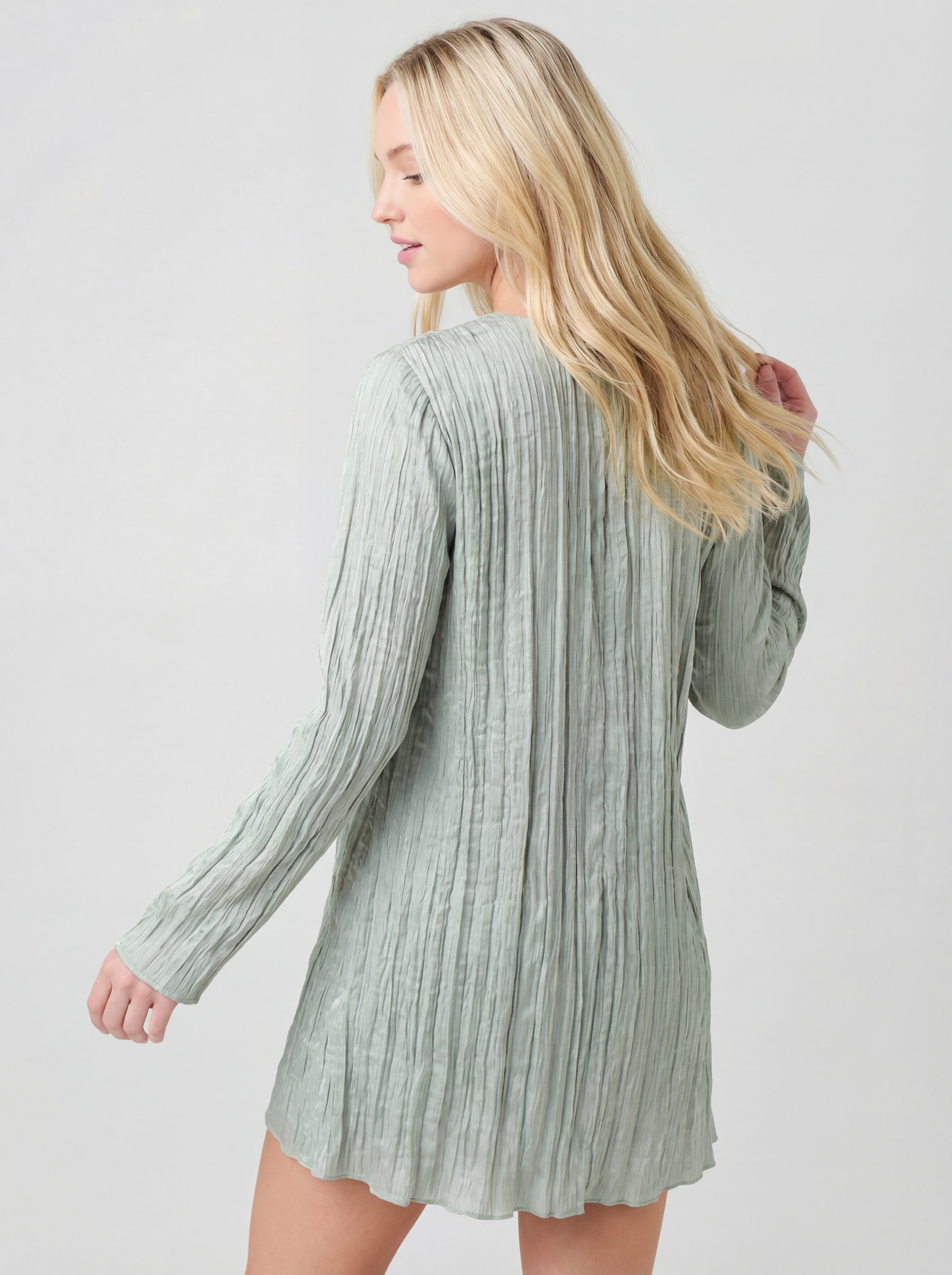Pleated Long Sleeve Relaxed Straight Mini Dress