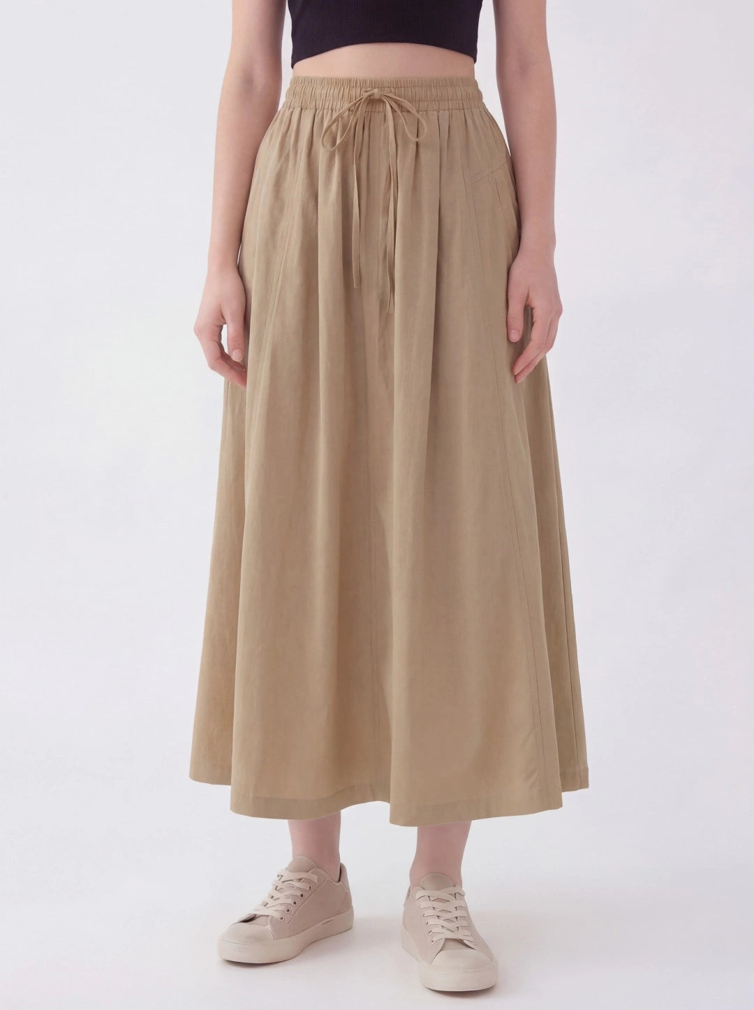 Drawstring Elastic Waist Cotton Midi Skirt