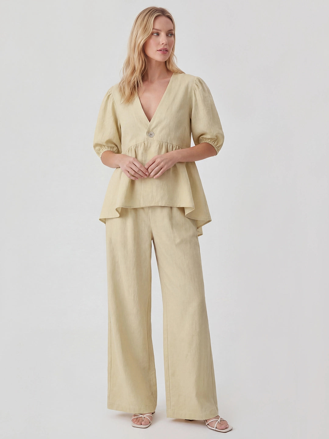 Cotton Peplum Top & Wide Leg Pants Co-ord Set