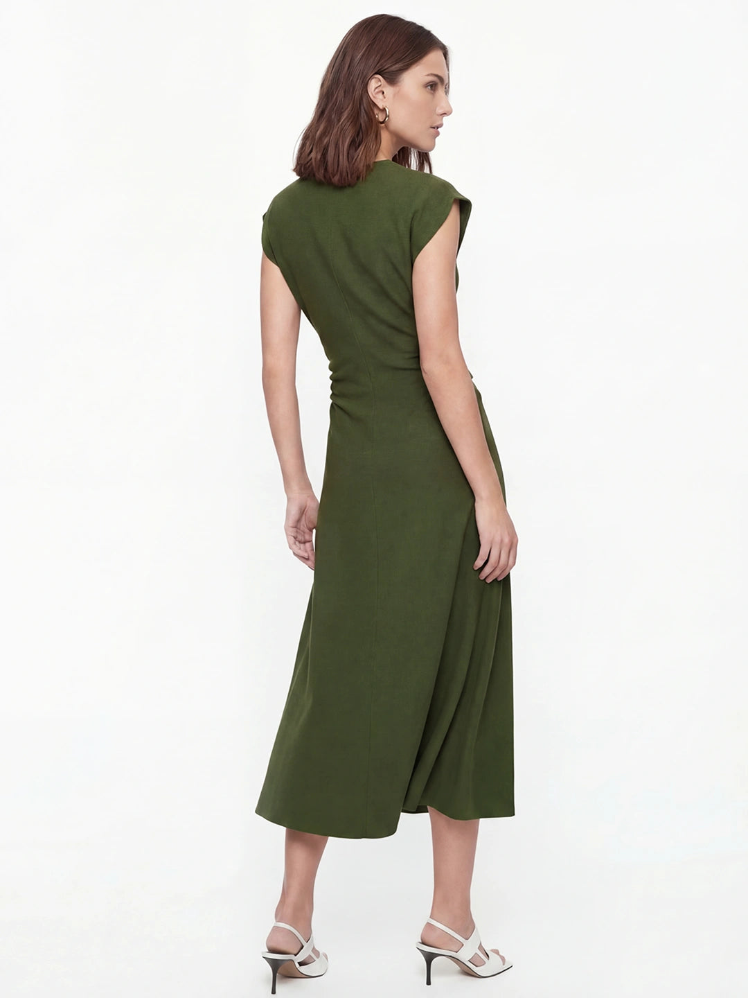 Ruched V-Neck Midi Drape Dress