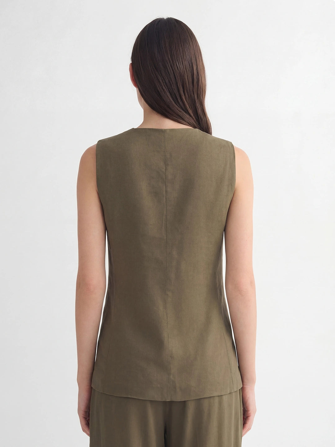 Button Front Long Linen Vest