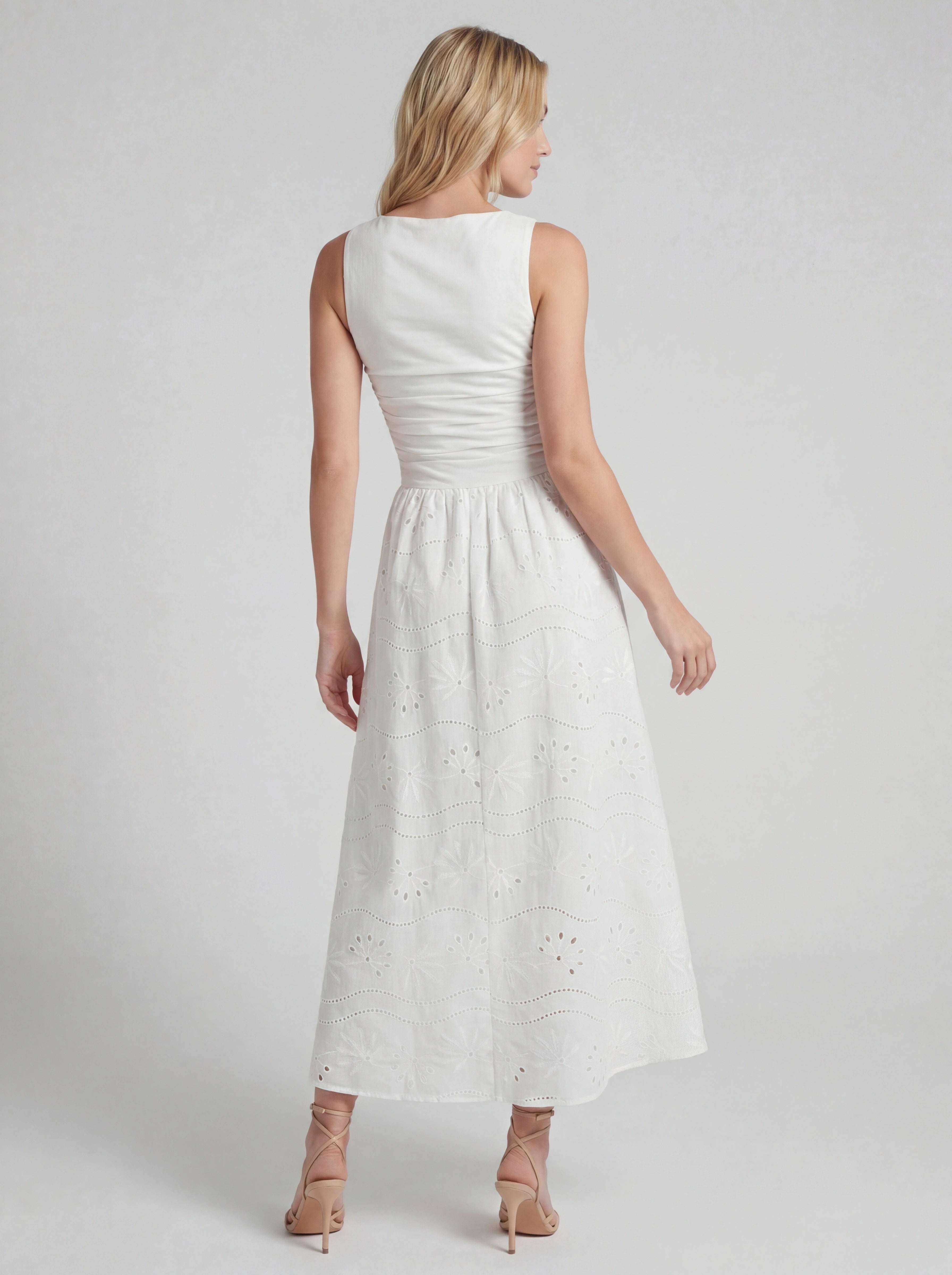 Boat Neck Eyelet A-Line Maxi Dress