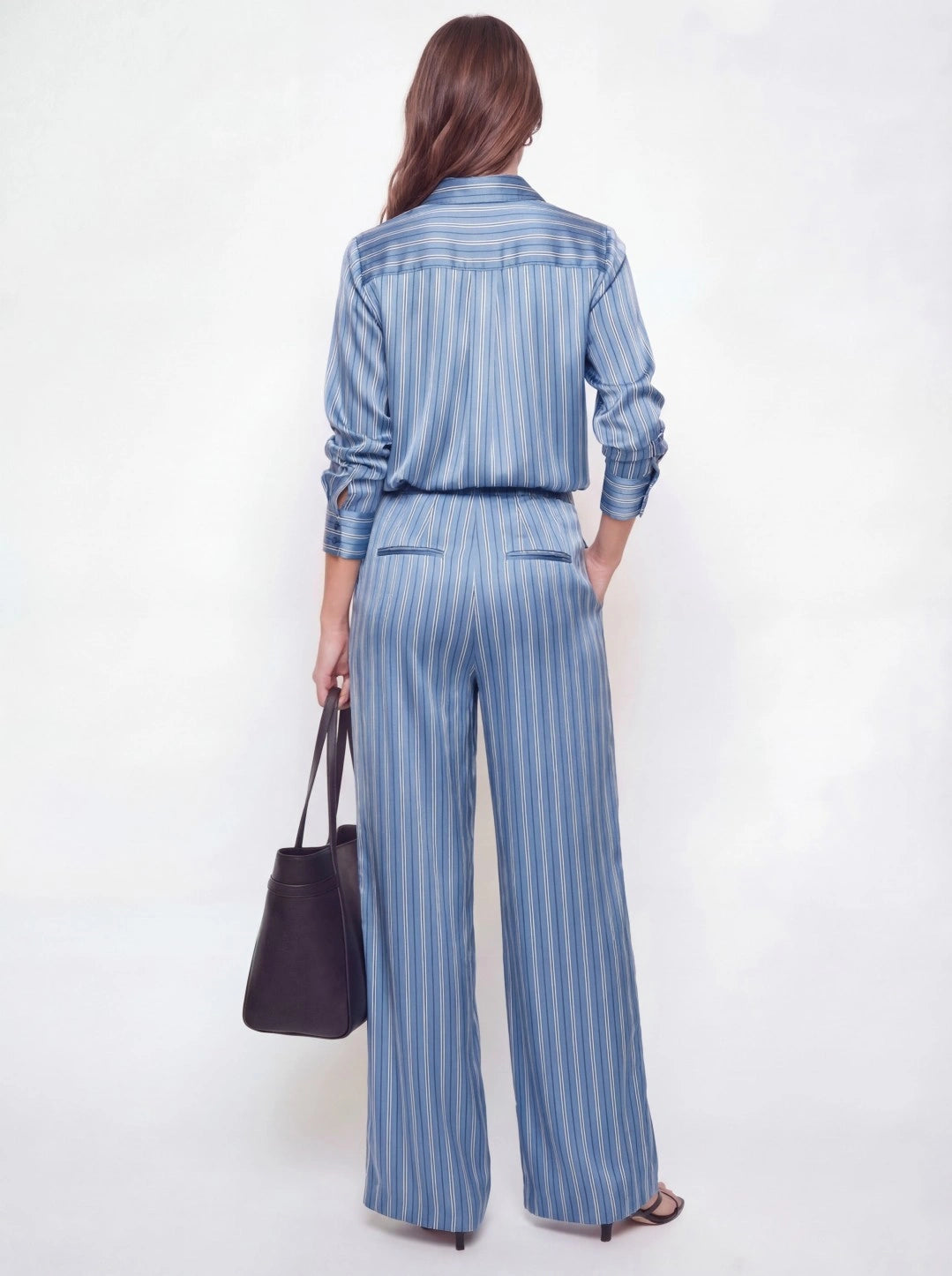 Pleated Satin Striped Shirt Pant Set