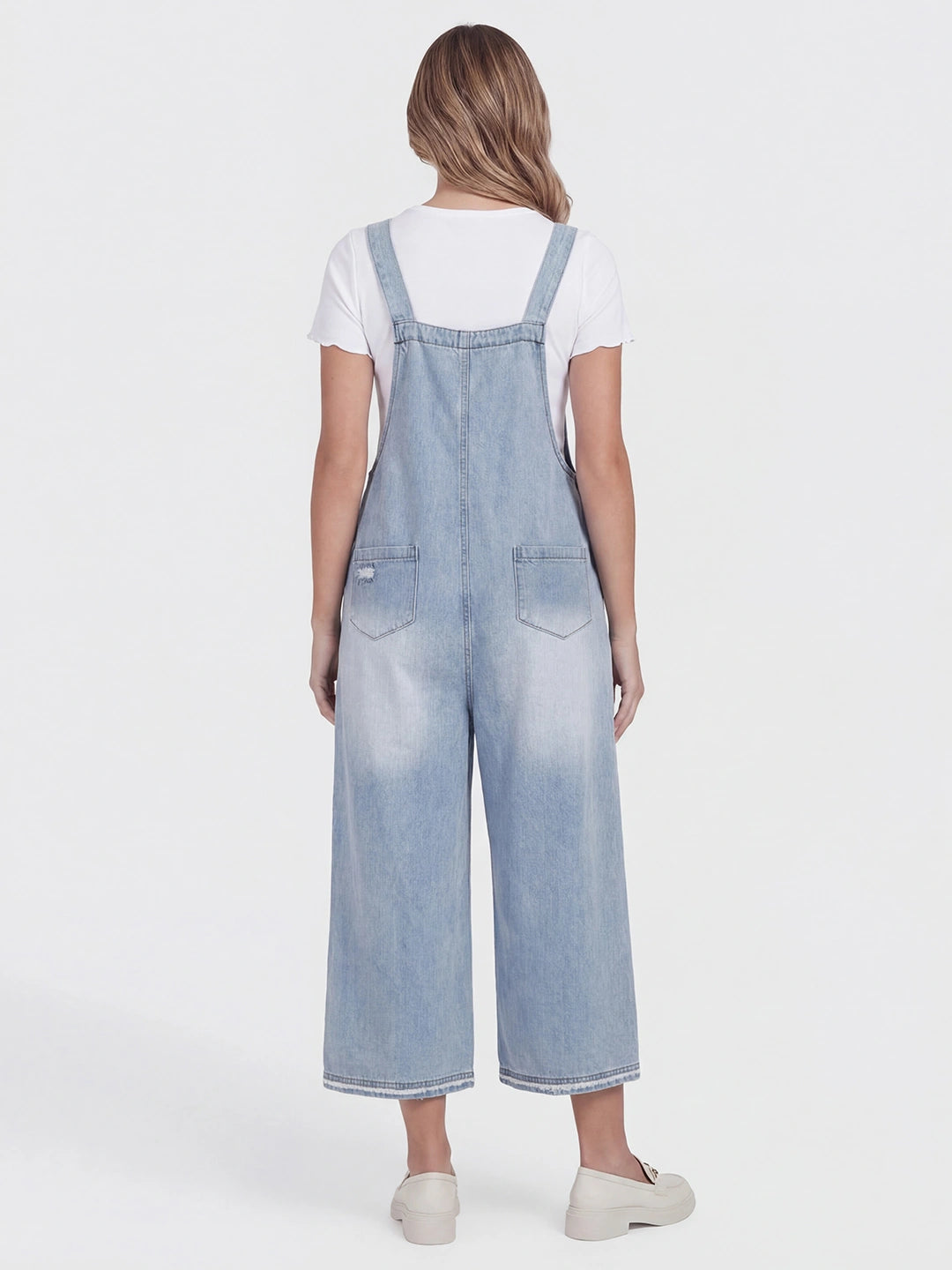 Distressed Loose Fit Denim Bib Overalls