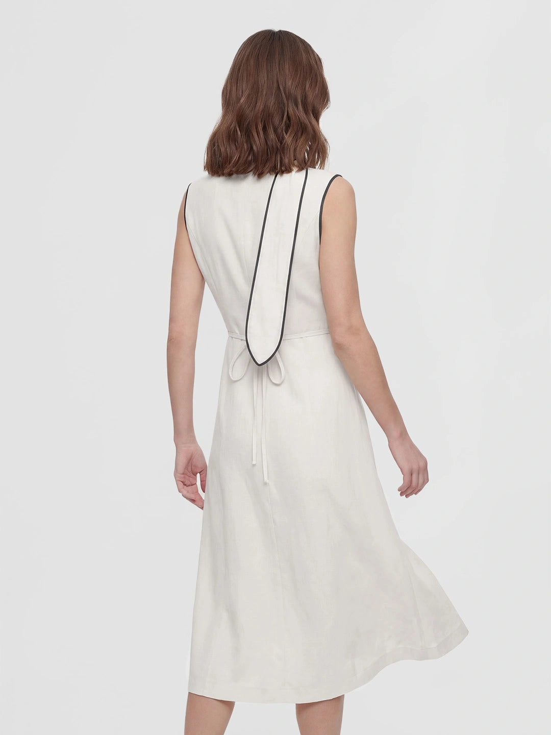 Tie Neck Contrast Piping Linen Dress