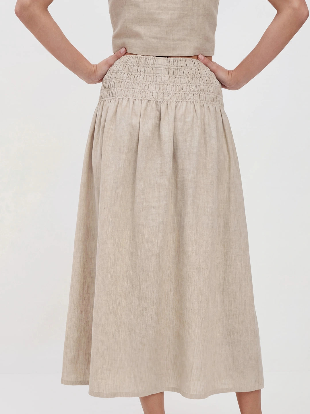Smocked Waist Linen Midi Skirt
