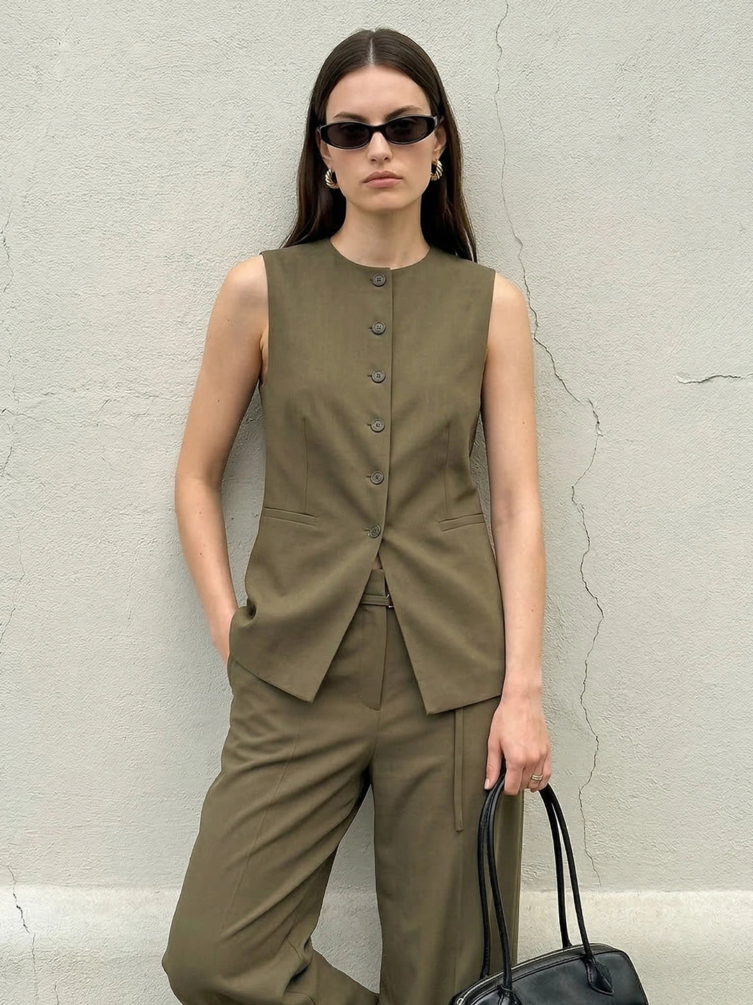 Button Front Long Linen Vest Main image