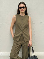 Button Front Long Linen Vest