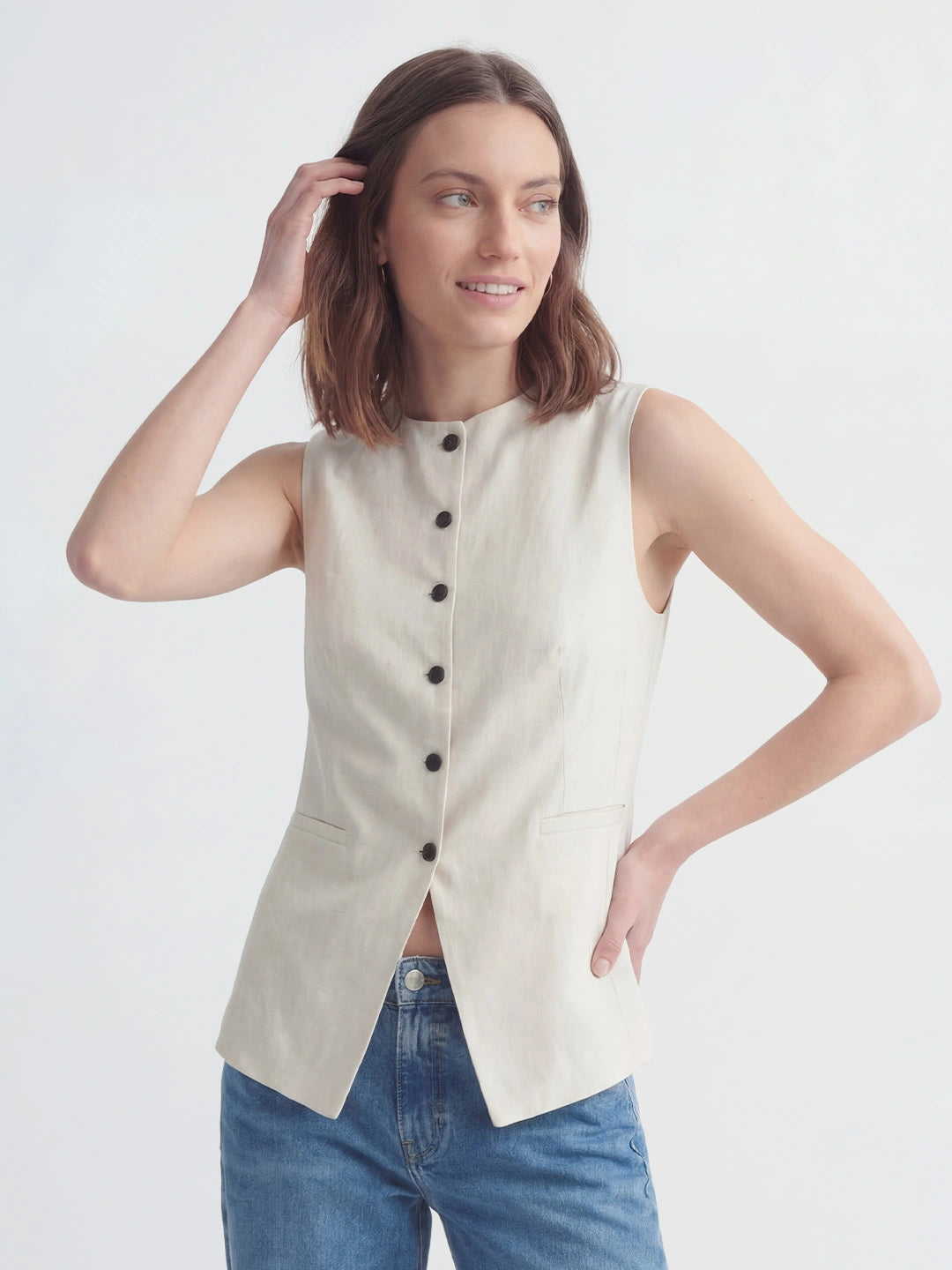 Button Front Long Linen Vest