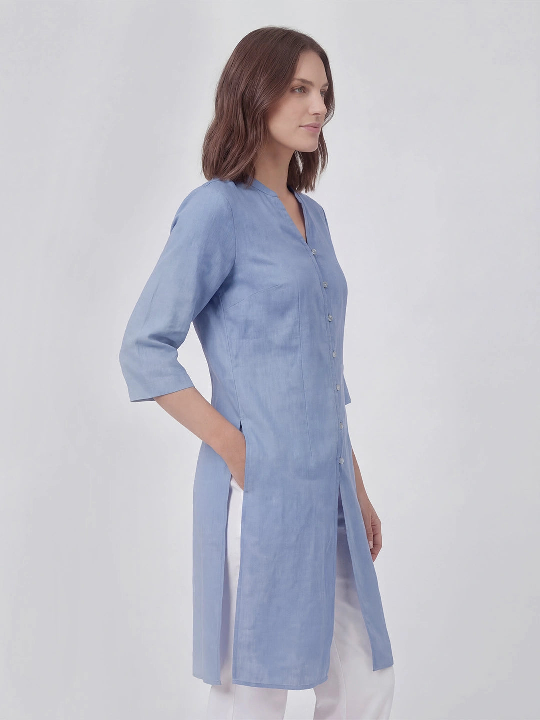 Button Front Long Linen Tunic Top
