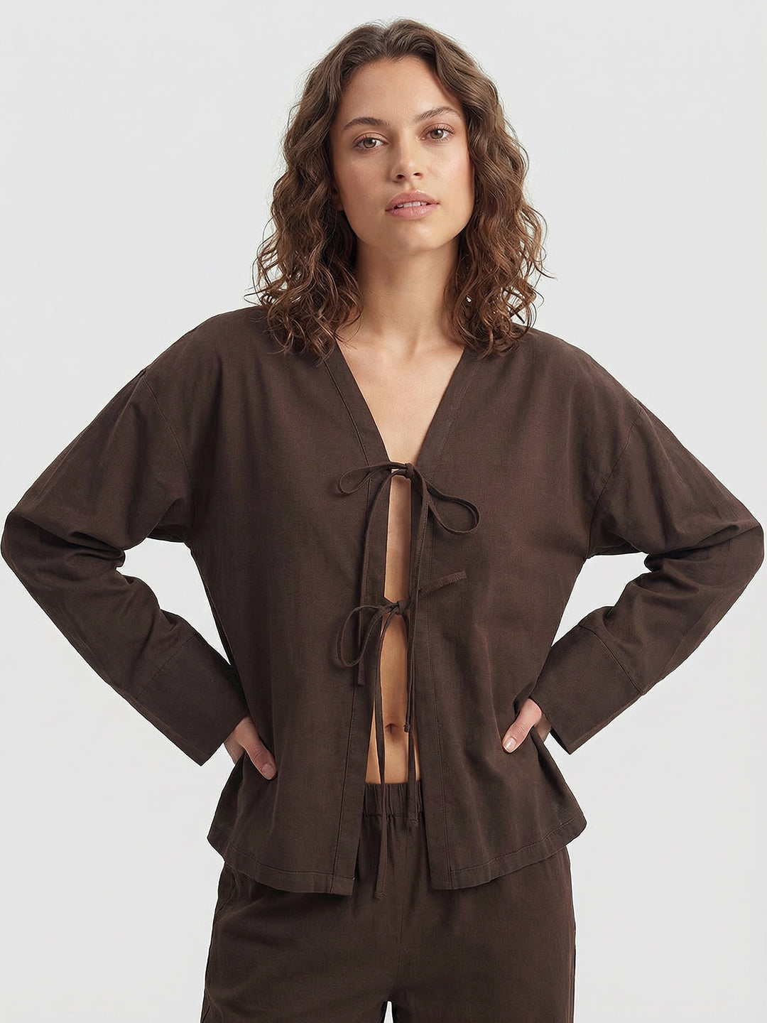 Tie-neck linen Blend Blouse