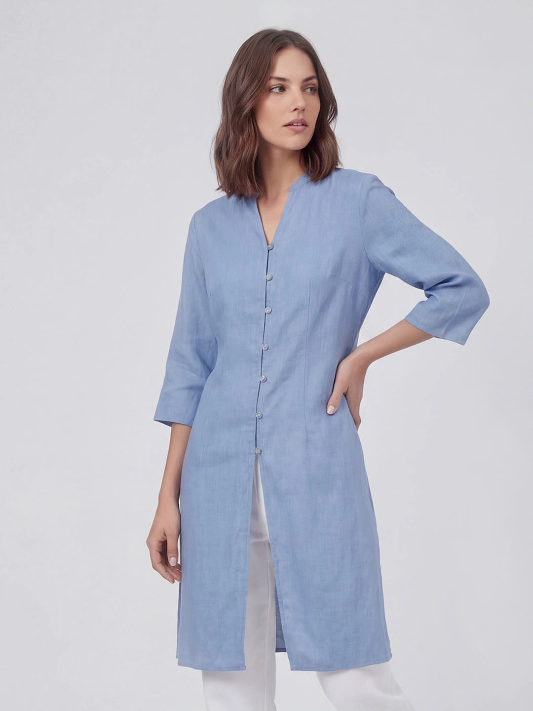 Button Front Long Linen Tunic Top