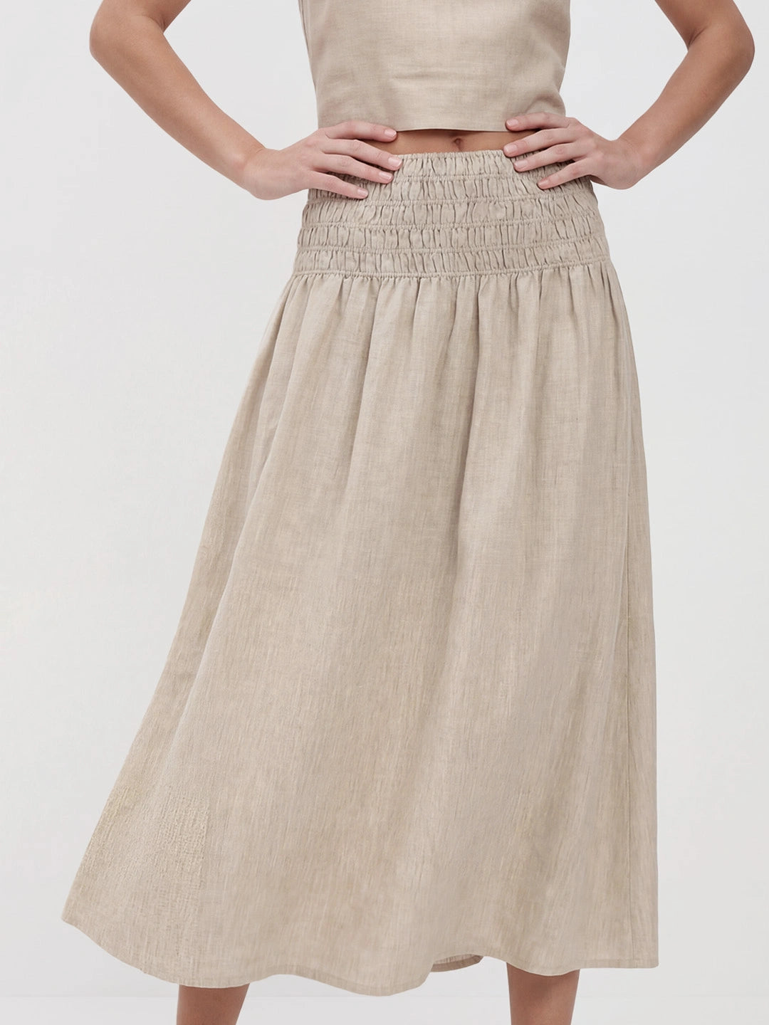 Smocked Waist Linen Midi Skirt