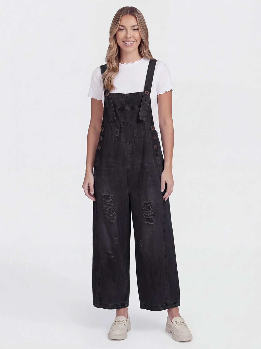Distressed Loose Fit Denim Bib Overalls