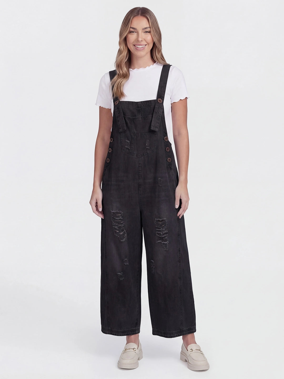 Distressed Loose Fit Denim Bib Overalls